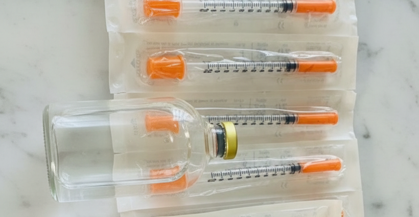 Lipolysis injections with clear solution on marble